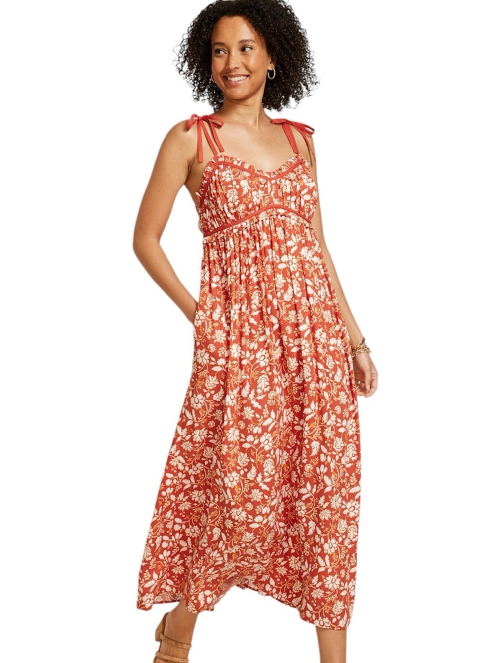 Band of The Free Sweetheart Neck Midi Floral Dress Spaghetti Straps Tangerine S